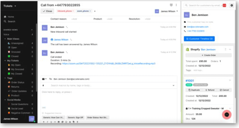 Gorgias screenshot showing Zoom Phone messages and data