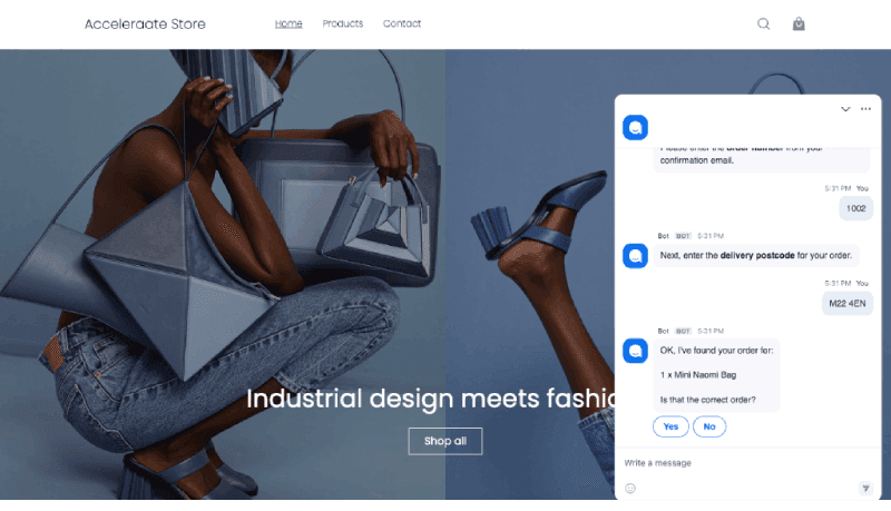 Retail website showing Zoom Contact Center chat containing Shopify data